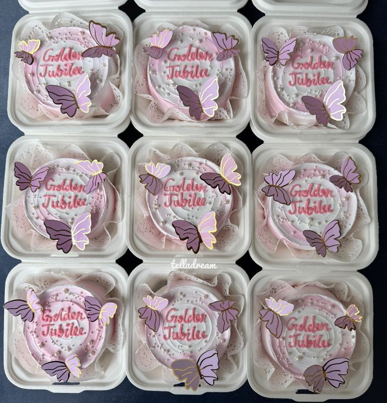 Golden Jubilee bento cakes with butterfly decorations